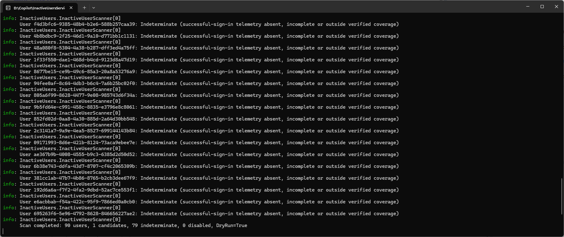 Output from the .NET service