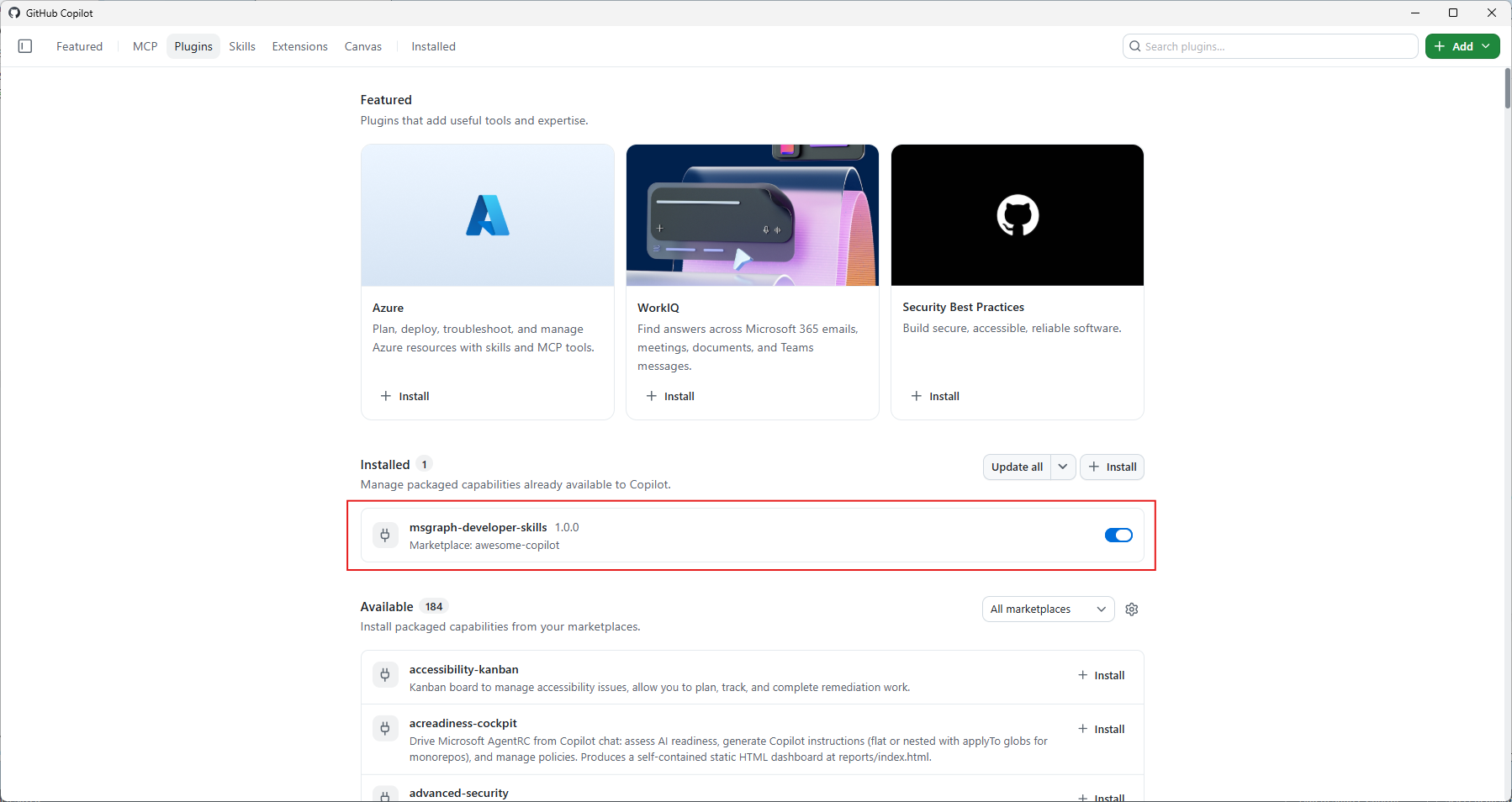 Searching for the Microsoft Graph Developer Skills plugin