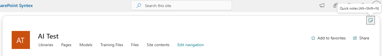 Quick Notes button in the SharePoint page header