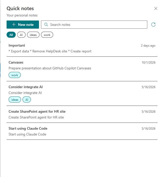 Quick Notes panel with search and category filters