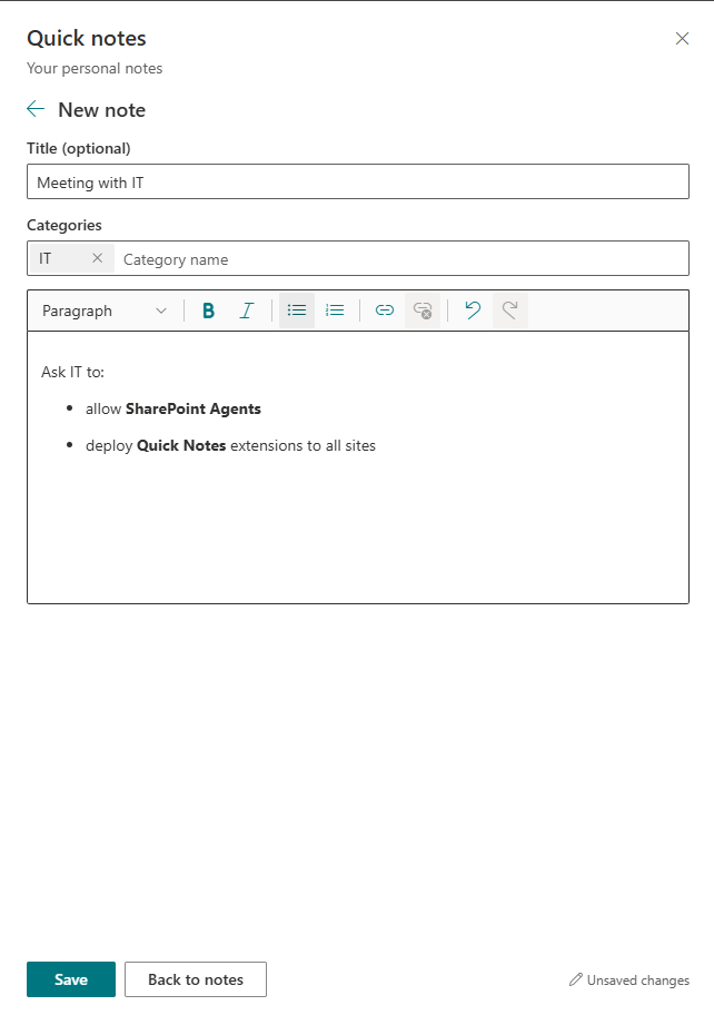 Editor for creating a new note