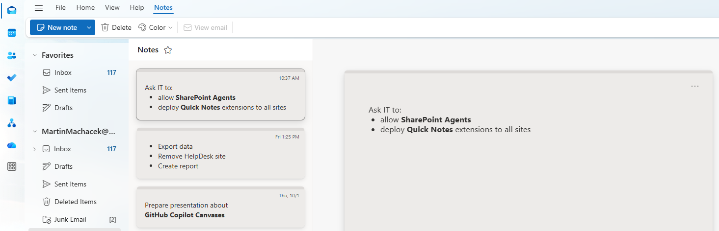 The new note displayed in Outlook